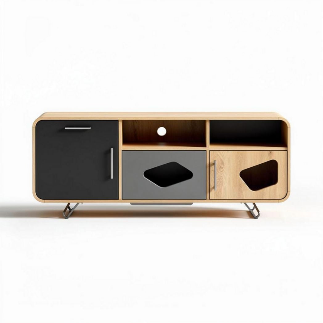 Mueble de almacenamiento de madera con puertas y estantes color negro y natural 150 x 40 x 50cm