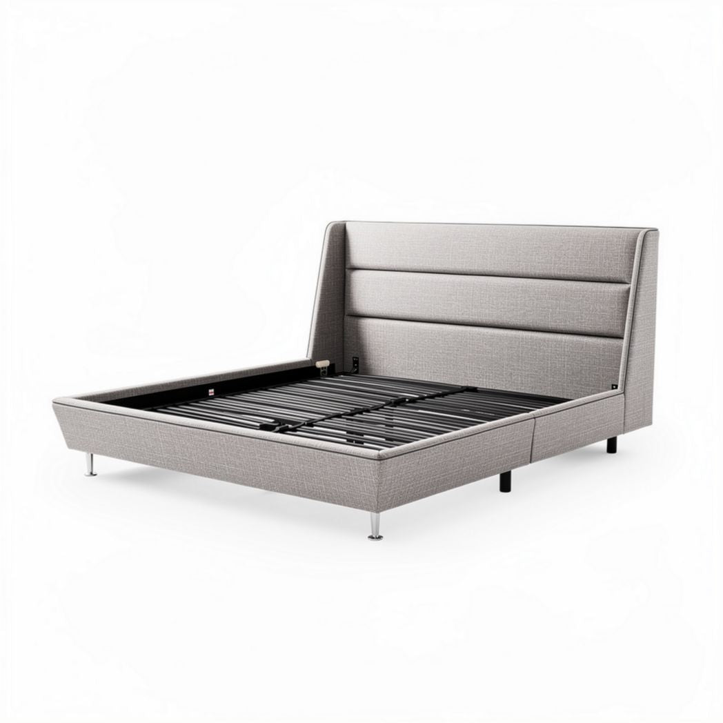 Cama tapizada gris de 200 x 160 x 30cm con base de metal y estructura resistente