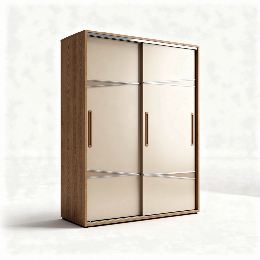 Armario de dos puertas correderas en color madera y beige 150 x 120 x 40cm