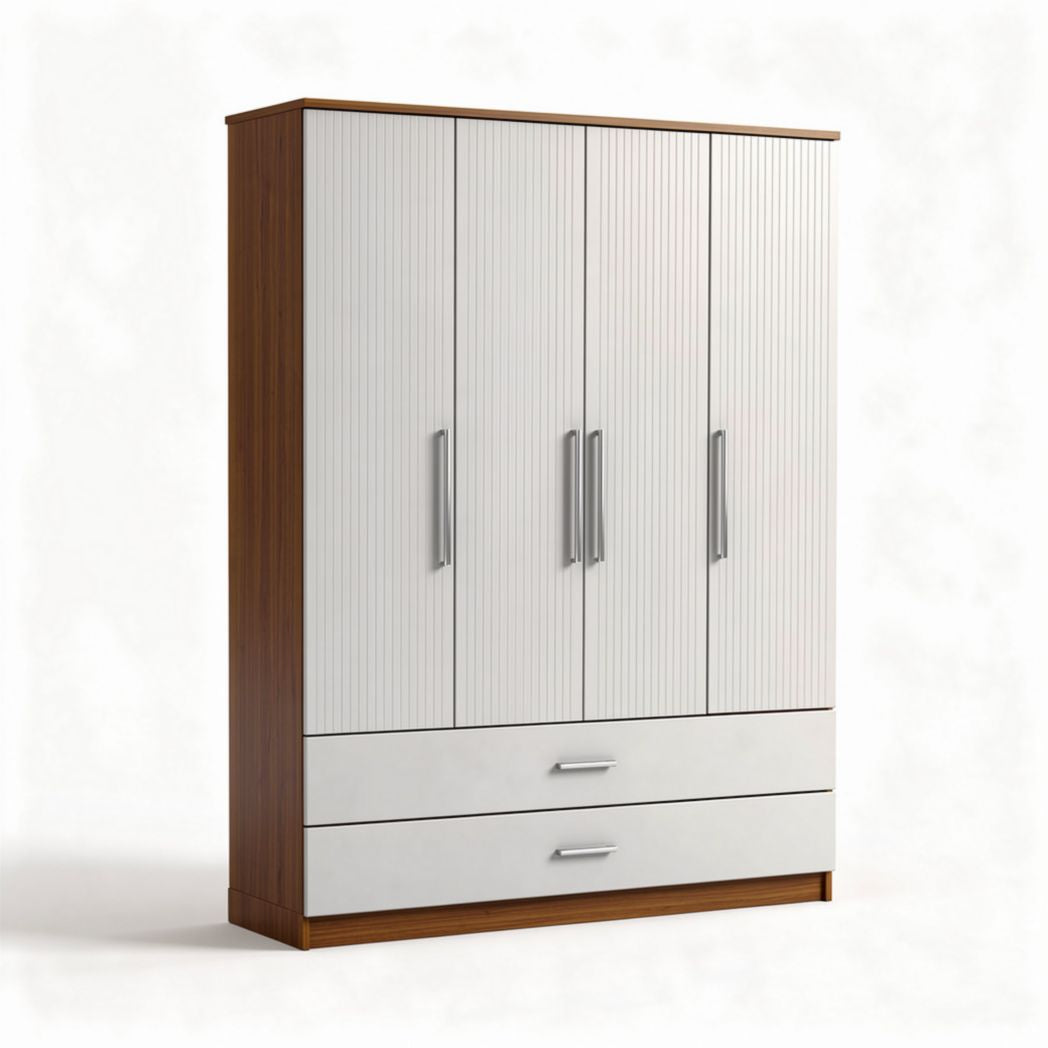 Armario de cuatro puertas con dos cajones en color blanco y marrón 180 x 90 x 45cm