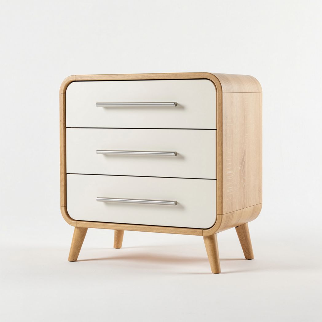Mesita de noche de madera con tres cajones en color blanco y natural 50 x 40 x 45cm