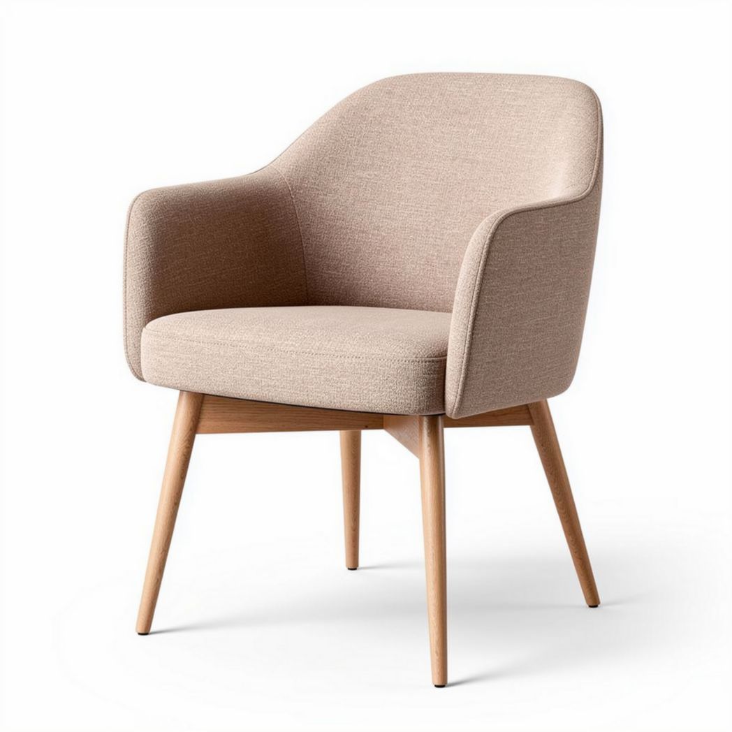 Silla de diseño moderno en tela beige con base de madera 60 x 60 x 80cm