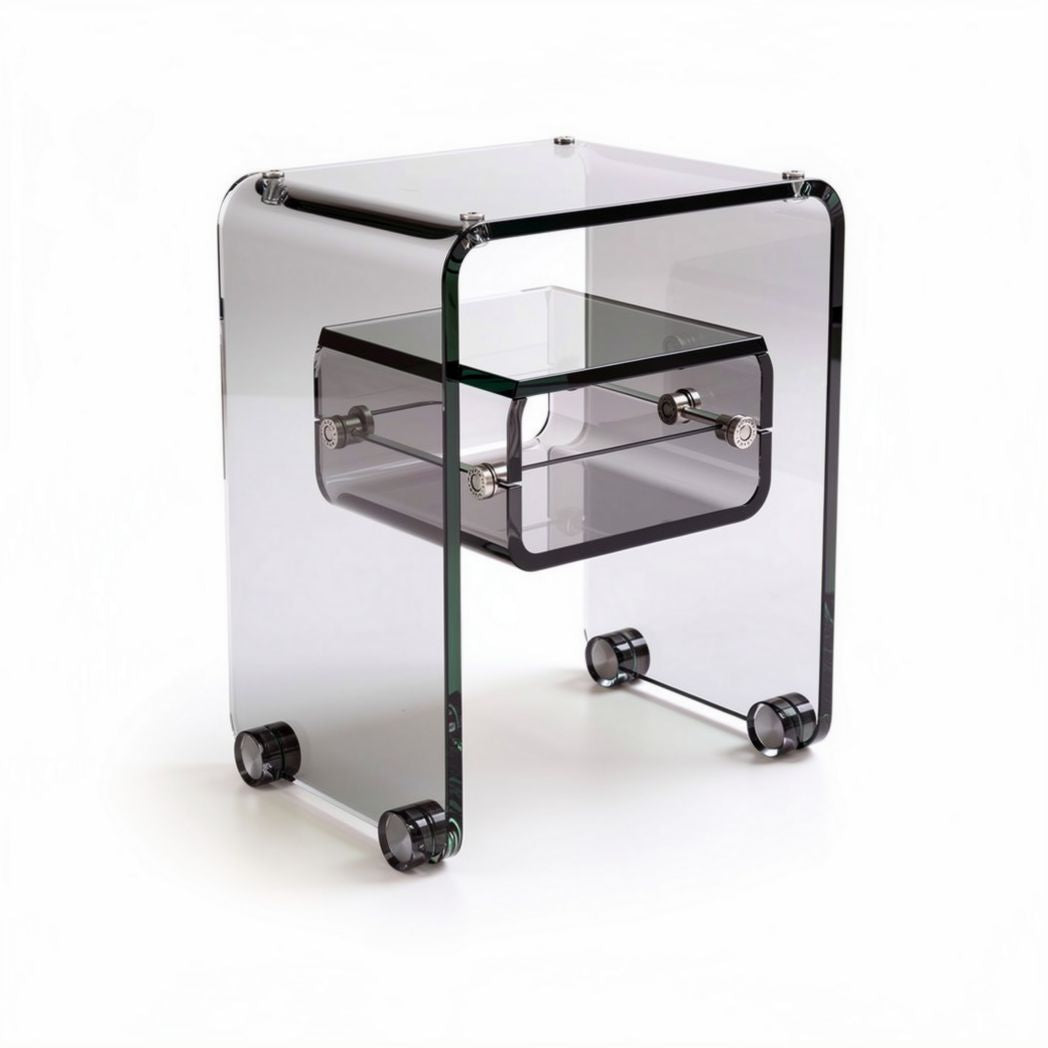 Mesa de noche en acrílico transparente con cajón y ruedas 40 x 40 x 50cm