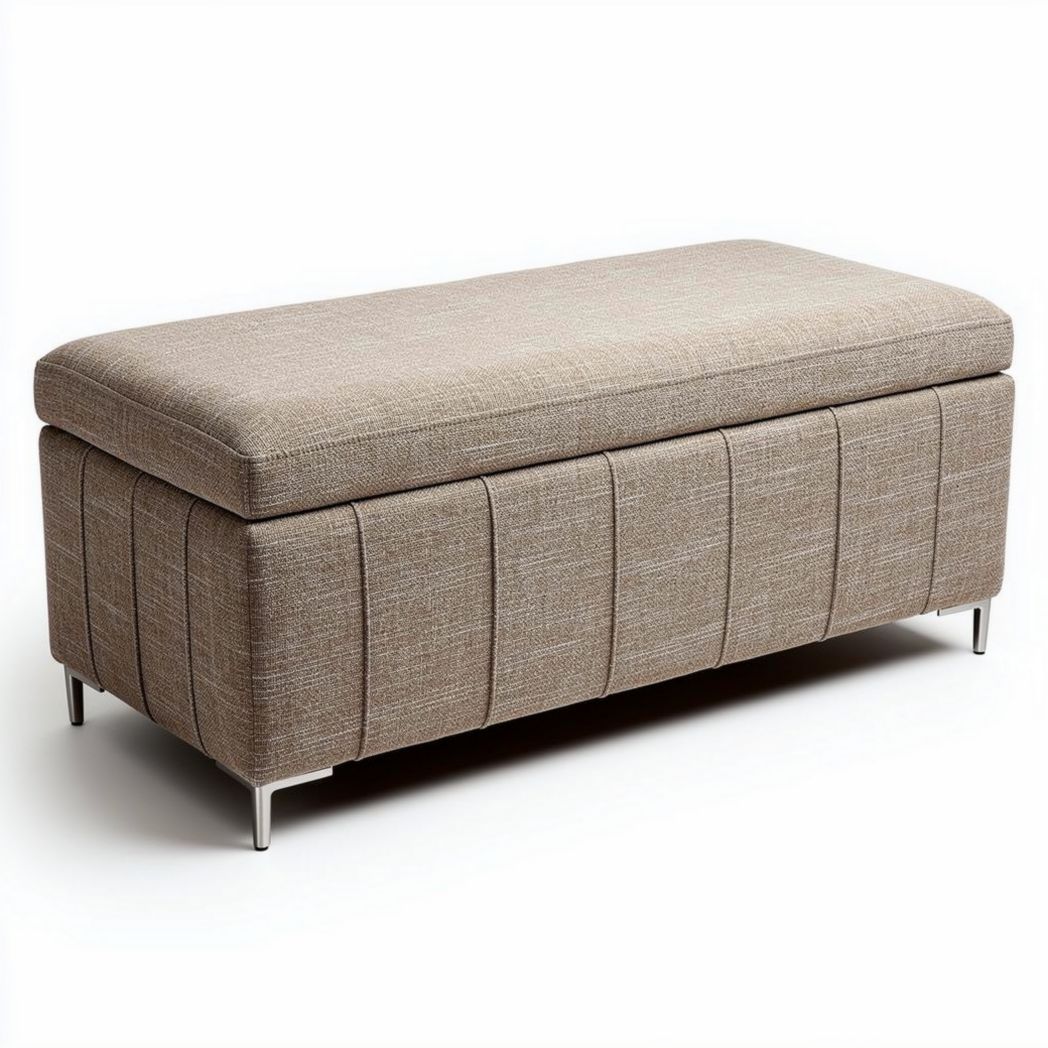 Ottoman de almacenamiento tapizada en tejido gris con dimensiones 120 x 50 x 45cm